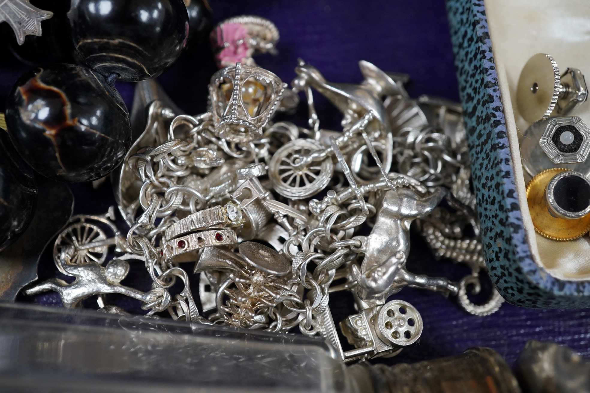 Mixed mainly costume jewellery and other items including an engraved Victorian silver plaque, a similar sifter spoon and a silver topped toilet jar, Condition - poor to fair